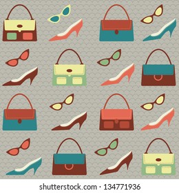 Vintage fashion seamless pattern - bags, shoes, sunglasses. Vector illustration.