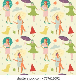 Vintage Fashion Seamless Pattern. Faceless Women with Umbrella Background. Vector illustration