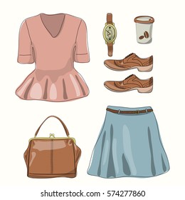 Vintage fashion set of women's clothing and accessories