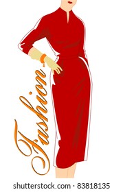 Vintage fashion silhouette of women in red dress