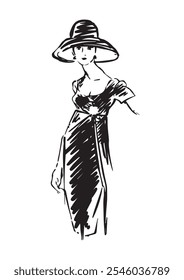 vintage desenho de moda, ilustração modelo em preto e branco, vetor isolado