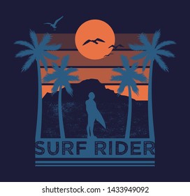 Vintage fashion trendy hipster summer print design for t-shirt poster sticker badge patch One man surf rider look on sunset and ocean sea palm summer view. Hawaii island surfing style illustration.