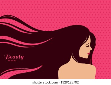 Vintage Fashion Woman with Dark Long Hair on Pink Background. Vector Illustration. Stylish Design for Beauty Salon Flyer or Banner