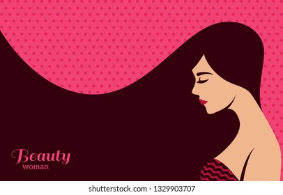 Vintage Fashion Woman with Dark Long Hair on Pink Background. Vector Illustration. Stylish Design for Beauty Salon Flyer or Banner