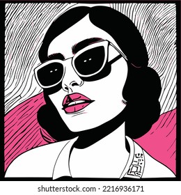 Moda vintage ilustración mujer arte vectorial de la mujer con gafas y sombrero , arte vectorial de mano para carteles y no sólo 