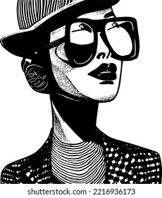 Vintage fashion woman  illustration vector art line art of woman with glasses and hat , hand drawn vector art for posters and not only 