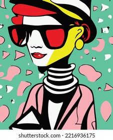 Vintage fashion woman  illustration vector art line art of woman with glasses and hat , hand drawn vector art for posters and not only 
