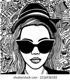 Vintage fashion woman  illustration vector art line art of woman with glasses and hat , hand drawn vector art for posters and not only 
