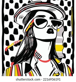 Vintage fashion woman  illustration vector art line art of woman with glasses and hat , hand drawn vector art for posters and not only 