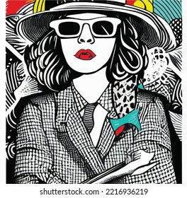 Vintage fashion woman  illustration vector art line art of woman with glasses and hat , hand drawn vector art for posters and not only 