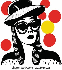 Vintage fashion woman  illustration vector art line art of woman with glasses and hat , hand drawn vector art for posters and not only 