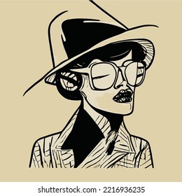 Vintage fashion woman  illustration vector art line art of woman with glasses and hat , hand drawn vector art for posters and not only 