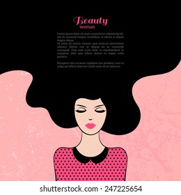 Vintage Fashion Woman With Long Hair. Vector Illustration. Stylish Design For Beauty Salon Flyer Or Banner