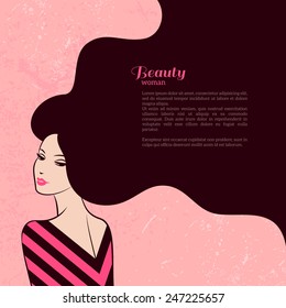 Vintage Fashion Woman with Long Hair on pink background. Vector Illustration. 