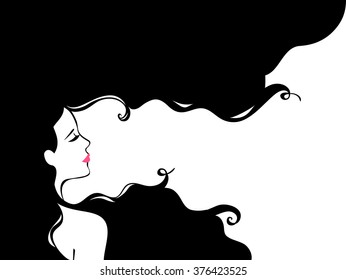 Vintage Fashion Woman with Long Hair. Vector Illustration. Girl Silhouette