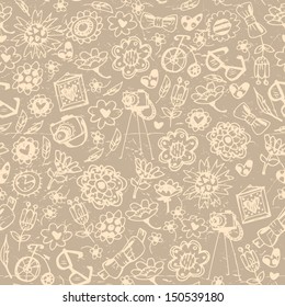 Vintage fashionable things seamless background. Heart, flower, bike, camera, glasses, frame. Hand drawn vector illustration.