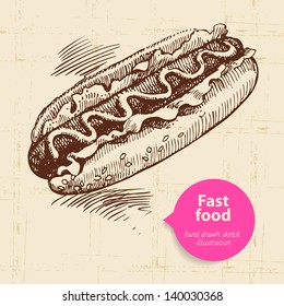 Vintage fast food background with color bubble. Hand drawn illustration