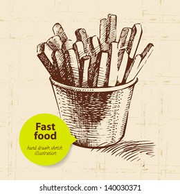 Vintage fast food background with color bubble. Hand drawn illustration
