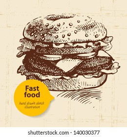 Vintage fast food background with color bubble. Hand drawn illustration