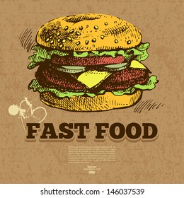 Vintage fast food background. Hand drawn illustration. Menu design
