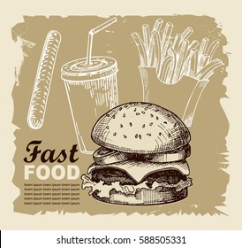 Vintage fast food background. Hand drawn illustration. French fries, hamburger, cola, sausage.