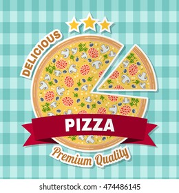 Vintage fast food badge, banner or logo emblem. Elements on the theme of the fast food business. Vector illustration. Pizza design, sticker or emblem.
