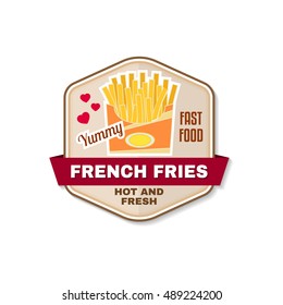 Vintage fast food badge, banner or logo emblem. Elements on the theme of the fast food business. French fries design, sticker or emblem. For fast food flyer, poster, banner or t-shirt.