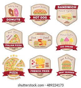 Vintage fast food badge, seal, patch or logo emblem. Elements on the theme of the fast food business. Hamburger, pizza, donuts, hot dog, ice cream,cola, french fries design, sticker. Fast food patch.