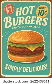 Sinal de hambúrguer de fast food vintage com ilustração de hambúrguer clássica no fundo de metal retro para restaurante e restaurante


