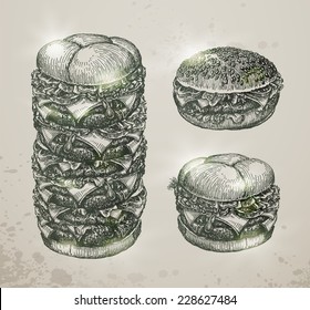 Vintage fast food, hamburger. Hand drawn illustration. Vector format