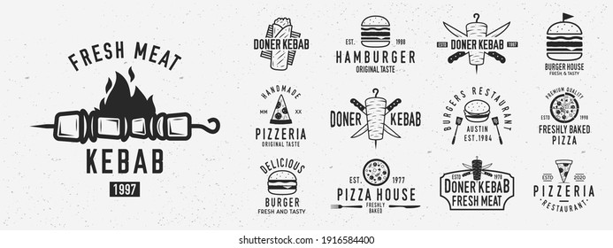 Vintage fast food logo set. Set of 13 fast food logo templates. Bistro, cafe, restaurant menu. Kebab, Burger, Pizza, Hamburger, Shawarma emblems. Trendy vintage hipster design. Vector illustration