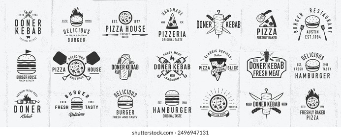 Vintage Fast food logo set. Street food related emblems set. Pizza, Burger, Kebab emblems templates. Vector illustration