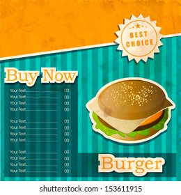 Vintage fast food menu price card design with hamburger. 