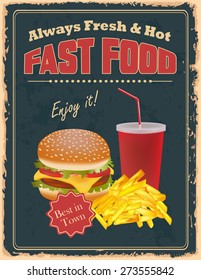 Vintage fast food  poster with burgers, fries and drink