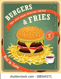 Vintage fast food poster design with burgers & fries