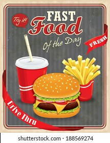 Vintage fast food poster design with burgers, fries & drink