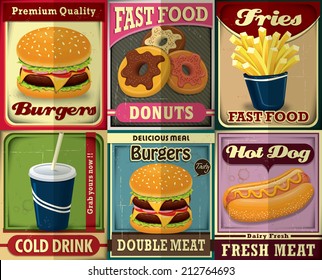 Vintage fast food poster design set