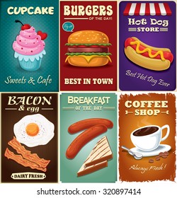 Vintage fast food poster design set with coffee, cupcake, burger, hot dog, bacon and egg