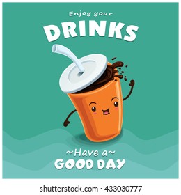 Vintage fast food poster design with vector cup character.