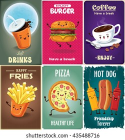 Vintage Fast Food Poster Design Set With Drink, Burger, Fries, Coffee, Pizza, Hot Dog Character.