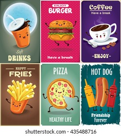 Vintage fast food poster design set with drink, burger, fries, coffee, pizza, hot dog character.