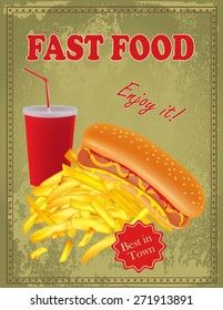 Vintage Fast Food poster with hot dog, fries and drink