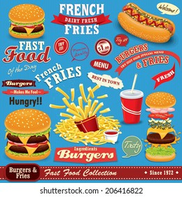 Vintage Fast food poster set design with burgers, fries, hot dog