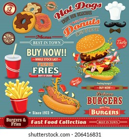 Vintage Fast food poster set design with burgers, fries, hot dog, donuts