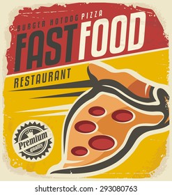 Vintage Fast Food Poster Template. Retro Pizza Sign Layout. Unique Promotional Ad Or Flyer For Restaurant Or Pizzeria On Old Paper Texture