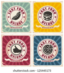 Vintage fast food posters collection. Set of vector signs with burger, hot dog and pizza. Retro grunge illustrations with labels for restaurant or pizzeria.