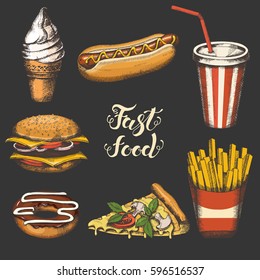 Vintage Fast food set. Hand drawn, lettering, sketch. Vector objects for menu, advertising and banners. 