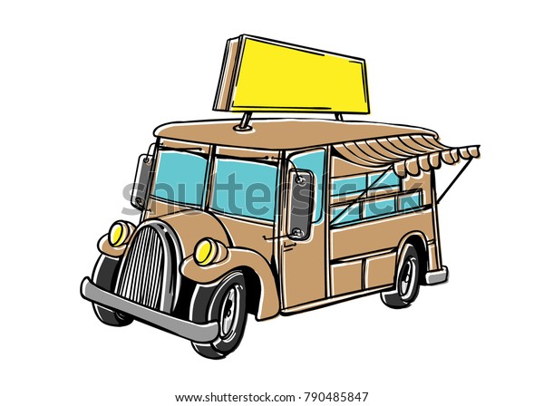 Vintage fast food truck with blank\
sign. Hand drawn line art vector illustration in\
color.