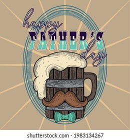 Vintage Father day poster with a beer wooden mug with a mustache and a bowtie