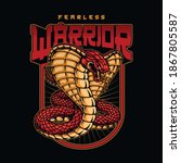 Vintage fearless warrior colorful badge in japanese style with king cobra on dark background isolated vector illustration